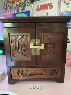 Vintage Chinese Carved Large Jewelry Box Chest 2 Doors 5 Drawers Brass Lock Key