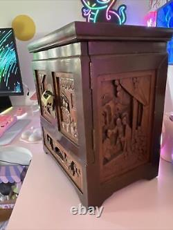 Vintage Chinese Carved Large Jewelry Box Chest 2 Doors 5 Drawers Brass Lock Key