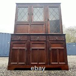 Vintage Dark Oak Display Unit With Carved Drawers, Large Dresser, Glass Doors