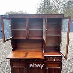 Vintage Dark Oak Display Unit With Carved Drawers, Large Dresser, Glass Doors