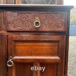 Vintage Dark Oak Display Unit With Carved Drawers, Large Dresser, Glass Doors