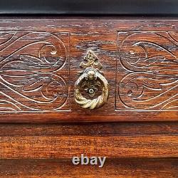 Vintage Dark Oak Display Unit With Carved Drawers, Large Dresser, Glass Doors