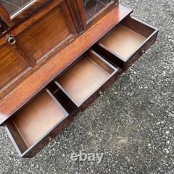 Vintage Dark Oak Display Unit With Carved Drawers, Large Dresser, Glass Doors