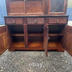 Vintage Dark Oak Display Unit With Carved Drawers, Large Dresser, Glass Doors