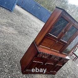 Vintage Dark Oak Display Unit With Carved Drawers, Large Dresser, Glass Doors