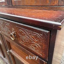 Vintage Dark Oak Display Unit With Carved Drawers, Large Dresser, Glass Doors