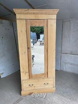 Vintage Pine Tall Wardrobe with 1 Large Drawer, 1 Door, Long Mirror & Drop Handles