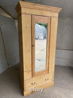 Vintage Pine Tall Wardrobe with 1 Large Drawer, 1 Door, Long Mirror & Drop Handles