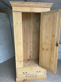 Vintage Pine Tall Wardrobe with 1 Large Drawer, 1 Door, Long Mirror & Drop Handles