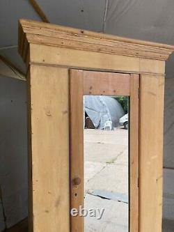 Vintage Pine Tall Wardrobe with 1 Large Drawer, 1 Door, Long Mirror & Drop Handles