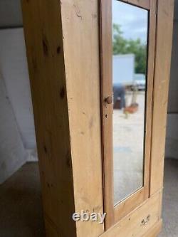 Vintage Pine Tall Wardrobe with 1 Large Drawer, 1 Door, Long Mirror & Drop Handles