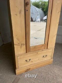 Vintage Pine Tall Wardrobe with 1 Large Drawer, 1 Door, Long Mirror & Drop Handles