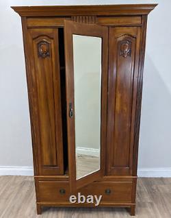 WARDROBE Tall Mahogany Mirror Door Hanging Rail And Hooks Large Bottom Drawer