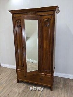 WARDROBE Tall Mahogany Mirror Door Hanging Rail And Hooks Large Bottom Drawer