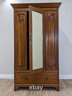 WARDROBE Tall Mahogany Mirror Door Hanging Rail And Hooks Large Bottom Drawer