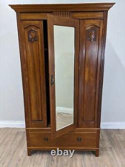 WARDROBE Tall Mahogany Mirror Door Hanging Rail And Hooks Large Bottom Drawer