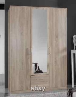 Wardrobe Oak Effect 3 Door 2 Drawer Mirrored Large 135cm Wardrobe