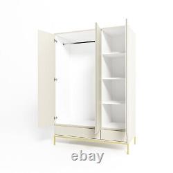 Wardrobes 3 Door 2 Drawer Beige with Gold Legs Storage Shelves Modern Style