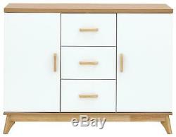 White And Oak Large 2 Door 3 Drawer Sideboard Storage Cabinet Wood Handle Legs