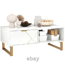 White Marble Effect Coffee Table Drawer Open Shelf Golden Legs Fluted Door Large