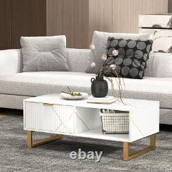 White Marble Effect Coffee Table Drawer Open Shelf Golden Legs Fluted Door Large
