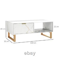 White Marble Effect Coffee Table Drawer Open Shelf Golden Legs Fluted Door Large