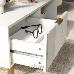 White Marble Effect Coffee Table Drawer Open Shelf Golden Legs Fluted Door Large