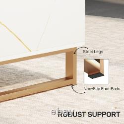 White Marble Effect Coffee Table Drawer Open Shelf Golden Legs Fluted Door Large