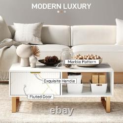 White Marble Effect Coffee Table Drawer Open Shelf Golden Legs Fluted Door Large