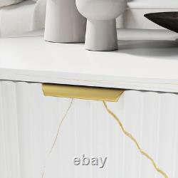 White Marble Effect Coffee Table Drawer Open Shelf Golden Legs Fluted Door Large