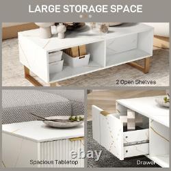 White Marble Effect Coffee Table Drawer Open Shelf Golden Legs Fluted Door Large