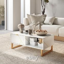 White Marble Effect Coffee Table Drawer Open Shelf Golden Legs Fluted Door Large