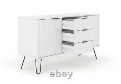 White Retro Large 2 Door 3 Drawer Sideboard Cupboard Cabinet Metal Hairpin Legs