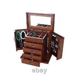 Wooden Jewelry Box, Built-in mirror, double door 5-drawer Large ewelry Storage